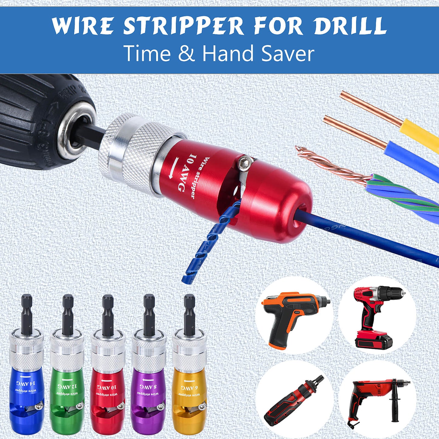 Apxton Wire Stripper for Drill, US Standard Electric Wire Stripper Tool for Drill, Wire Strippers for 6/8/10/12/14 AWG, Wire Stripping and Twisting Tool Set