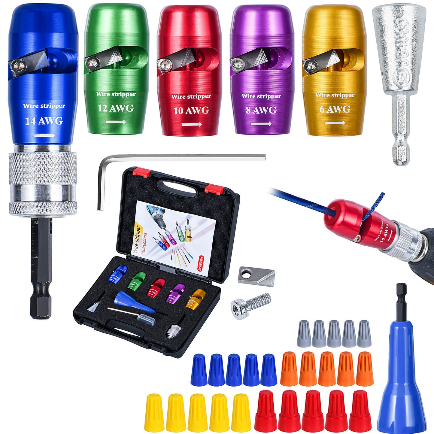Apxton Wire Stripper for Drill, US Standard Electric Wire Stripper Tool for Drill, Wire Strippers for 6/8/10/12/14 AWG, Wire Stripping and Twisting Tool Set