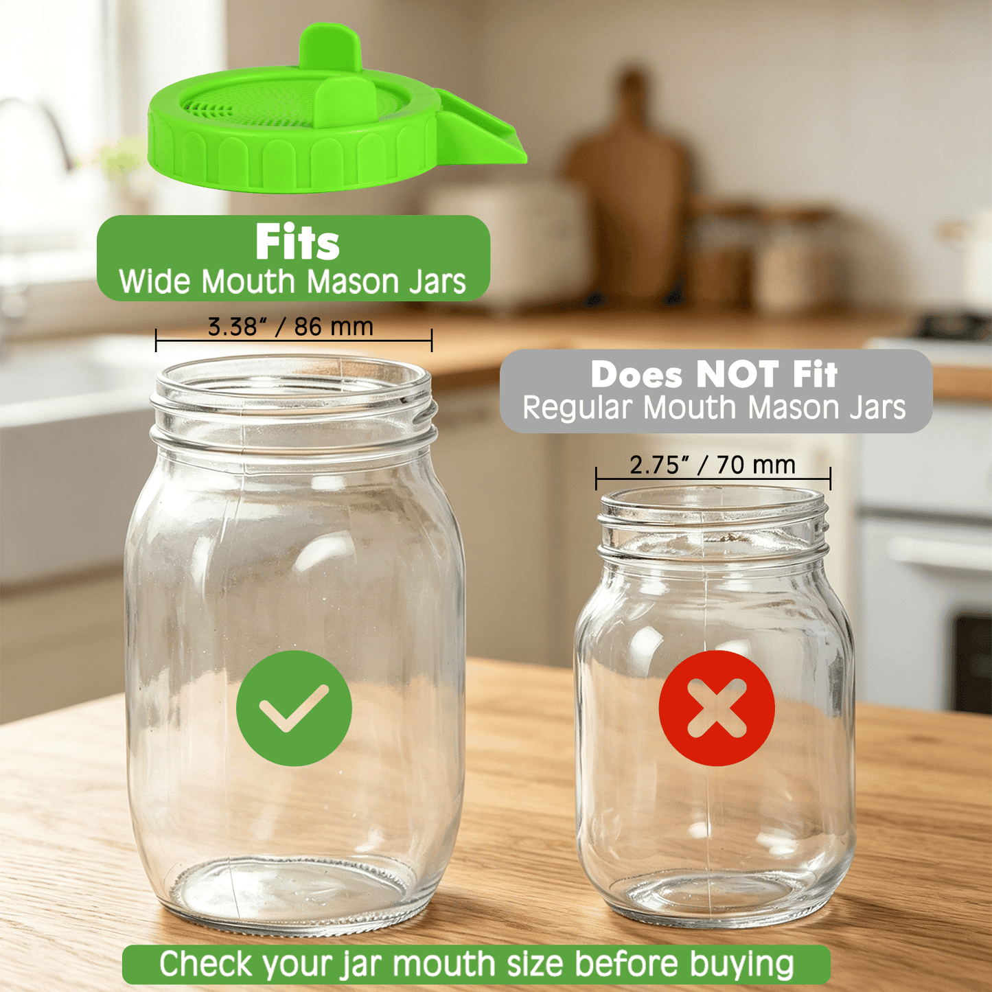 Apxton Sprouting Lids for Wide Mouth Mason Jars (3.38"/86mm) | 2-Pack, No-Rust Plastic Lids, Built-In Stand, BPA-Free, Dishwasher Safe