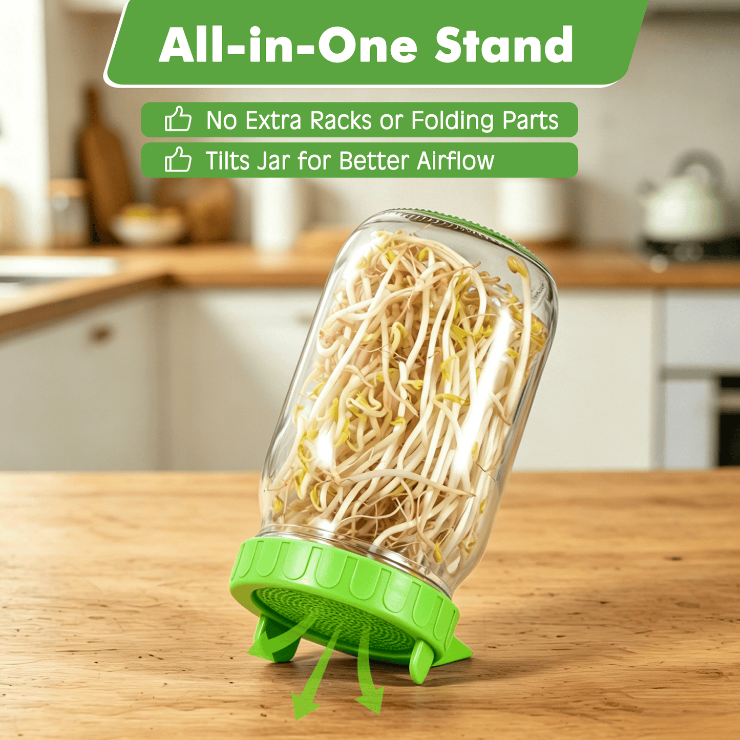Apxton Sprouting Lids for Wide Mouth Mason Jars (3.38"/86mm) | 2-Pack, No-Rust Plastic Lids, Built-In Stand, BPA-Free, Dishwasher Safe