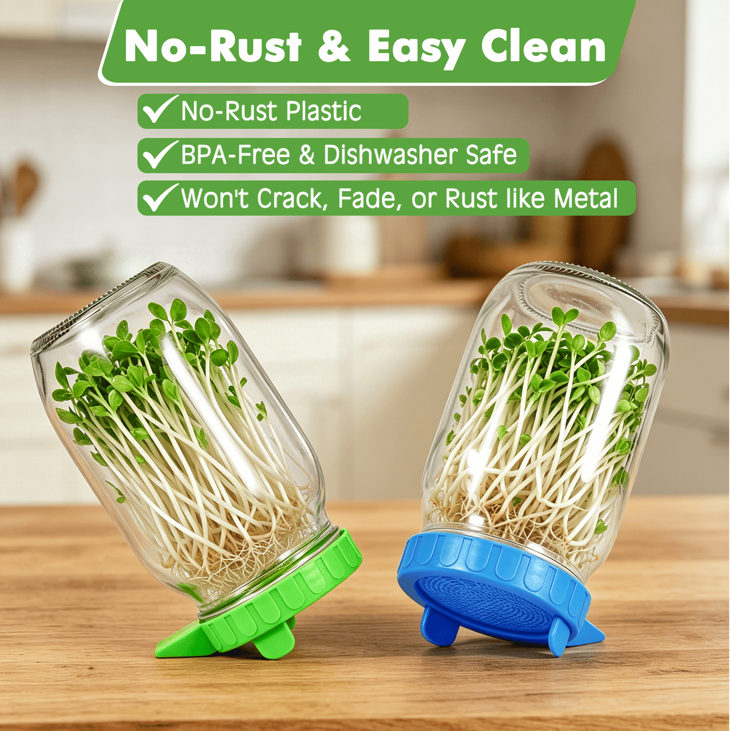 Apxton Sprouting Lids for Wide Mouth Mason Jars (3.38"/86mm) | 2-Pack, No-Rust Plastic Lids, Built-In Stand, BPA-Free, Dishwasher Safe