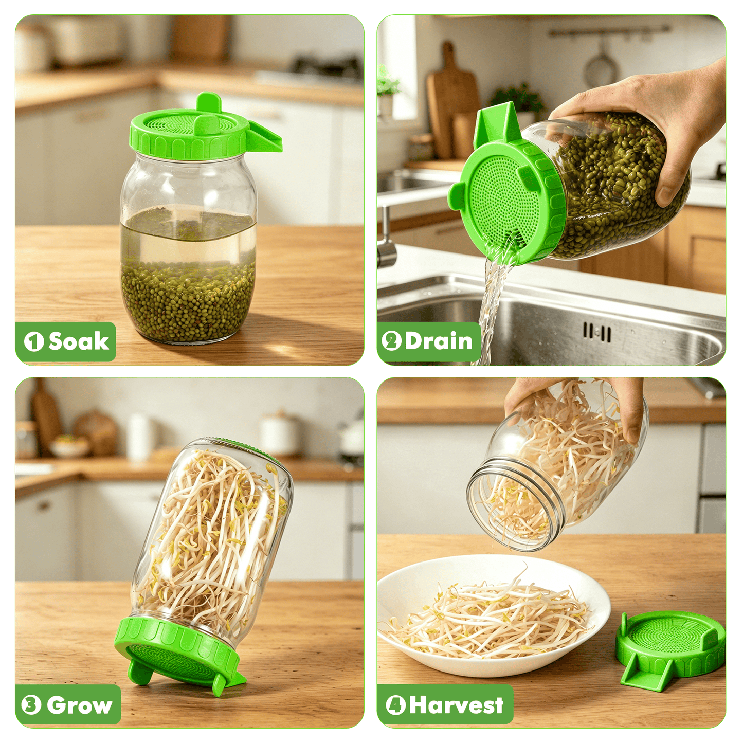 Apxton Sprouting Lids for Wide Mouth Mason Jars (3.38"/86mm) | 2-Pack, No-Rust Plastic Lids, Built-In Stand, BPA-Free, Dishwasher Safe