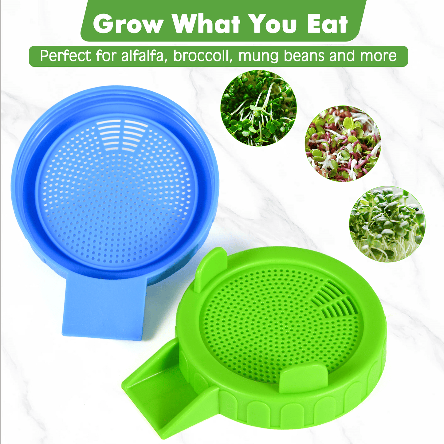 Apxton Sprouting Lids for Wide Mouth Mason Jars (3.38"/86mm) | 2-Pack, No-Rust Plastic Lids, Built-In Stand, BPA-Free, Dishwasher Safe