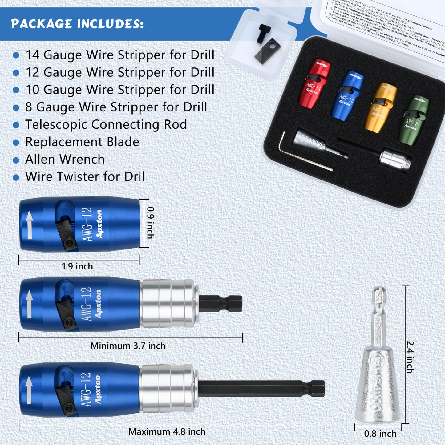 Apxton Wire Stripper for Drill, US Standard Electric Wire Stripper Tool for Drill, Drill Wire Stripper for 8/10/12/14 AWG, Wire Stripping and Twisting Tool Set