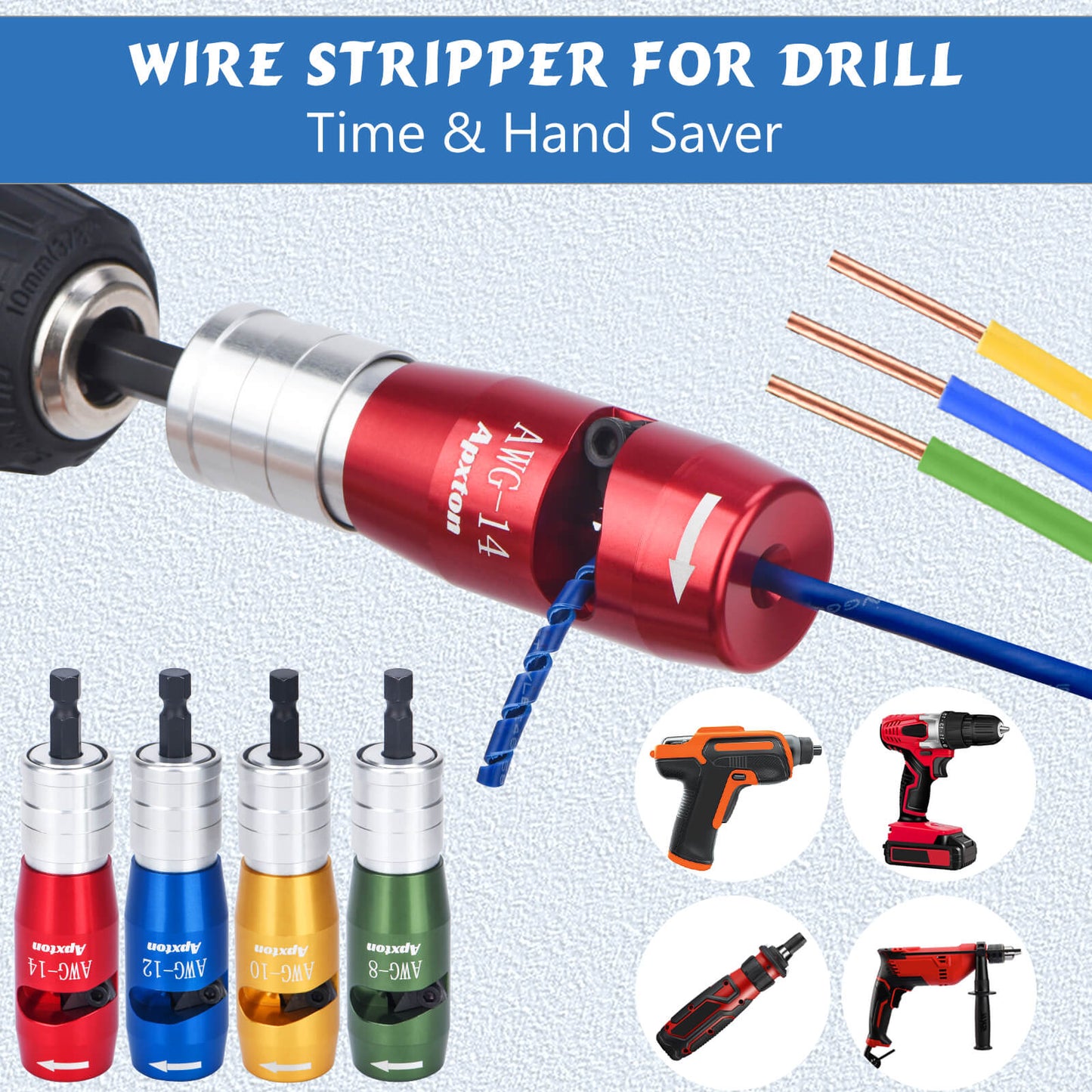 Apxton Wire Stripper for Drill, US Standard Electric Wire Stripper Tool for Drill, Drill Wire Stripper for 8/10/12/14 AWG, Wire Stripping and Twisting Tool Set