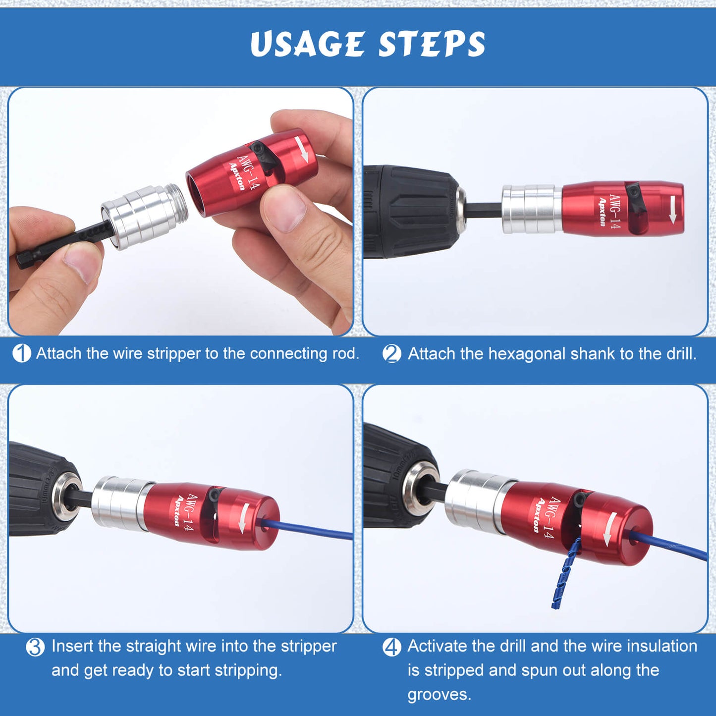 Apxton Wire Stripper for Drill, US Standard Electric Wire Stripper Tool for Drill, Drill Wire Stripper for 8/10/12/14 AWG, Wire Stripping and Twisting Tool Set