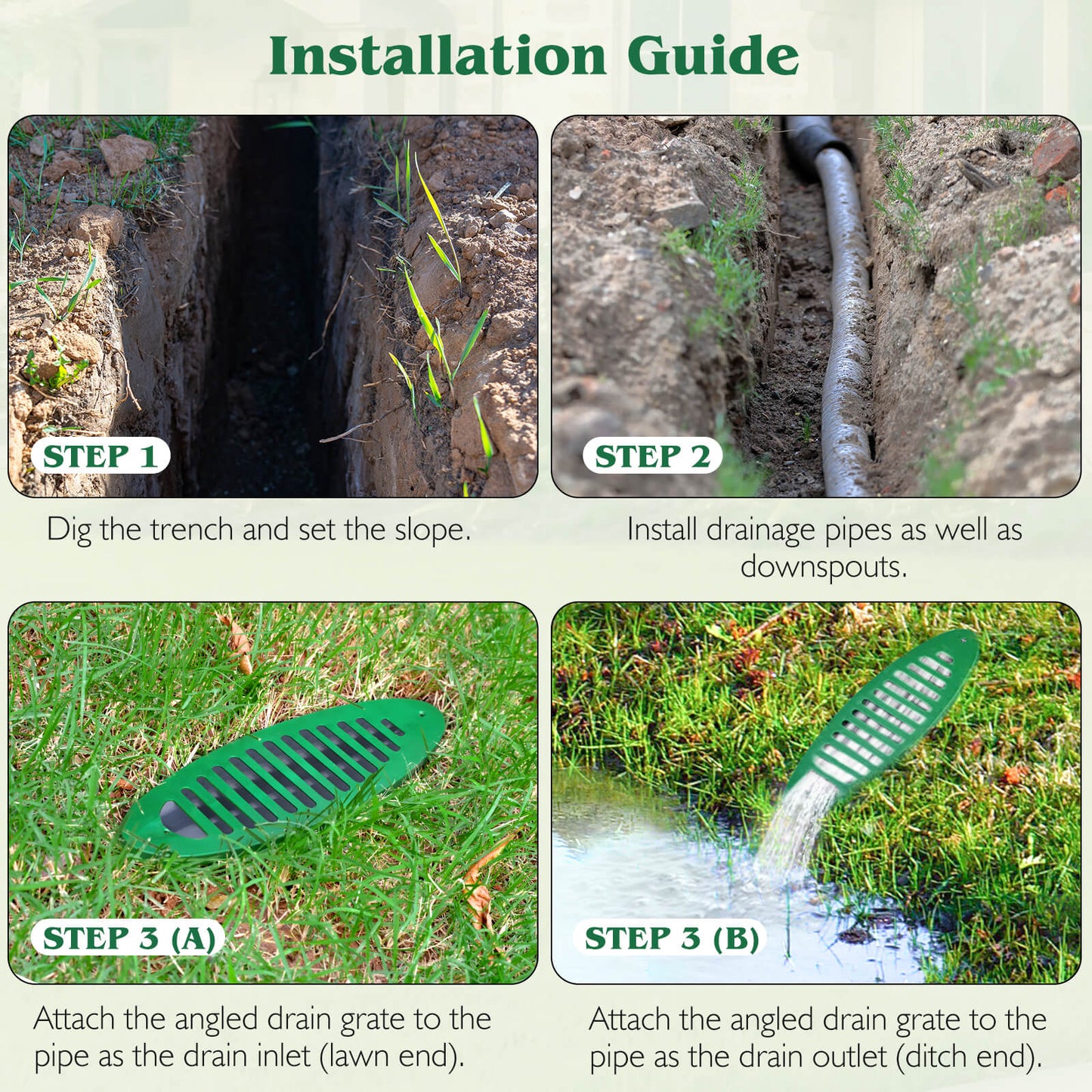 Apxton 4 Inch Green Angled Drainage Grate for Yard Drain, Drain Grate for Yard Drainage Systems, Yard Drain Emitter for Gutter Downspout Extensions, Lawn Slope Drainage Pipe Emitter for Ditch